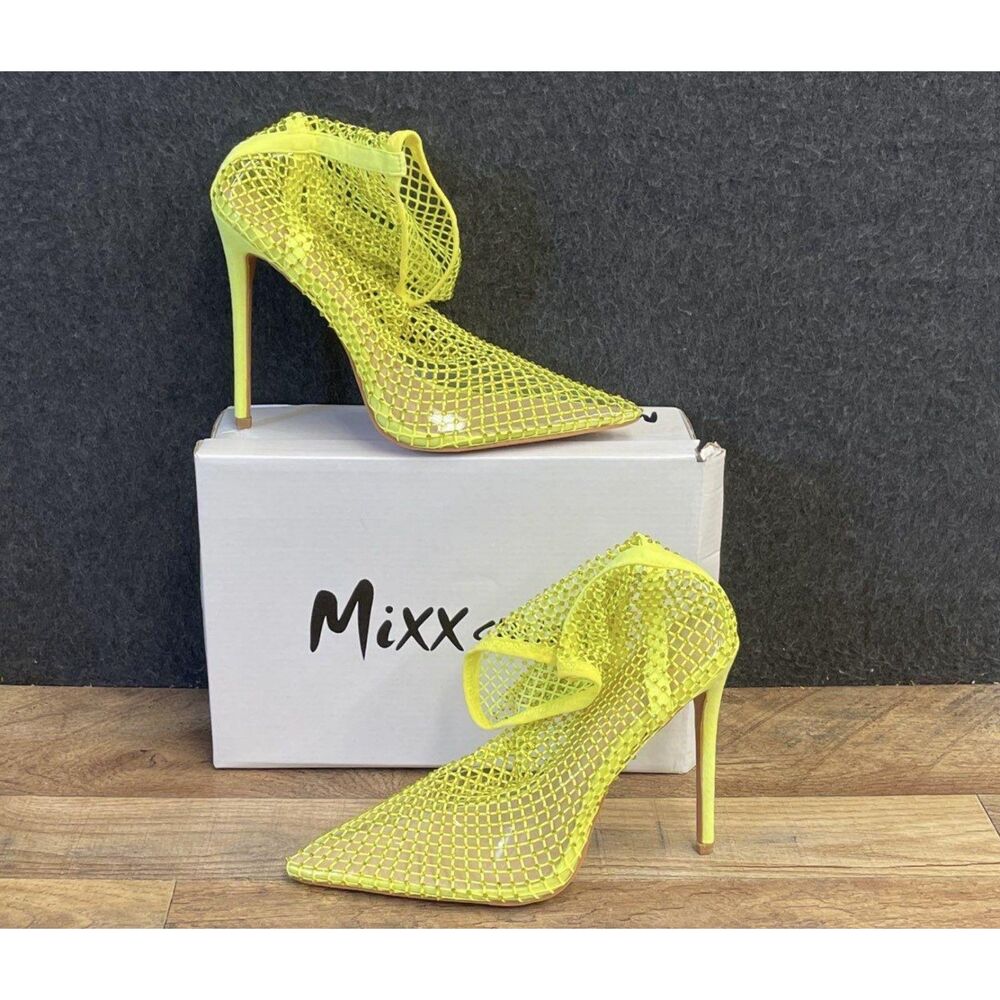 Mixx Shuz Rosalia Neon Yellow Mesh Crystal Pointed Toe Stiletto Heels Size 10